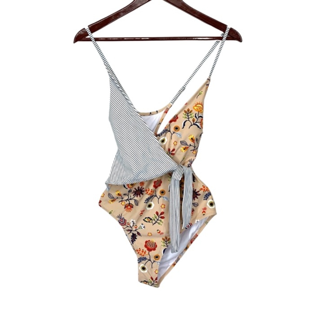 Cupshe Boho Floral Striped Contrast Wrap Side Tie One Piece Swimsuit Size Small